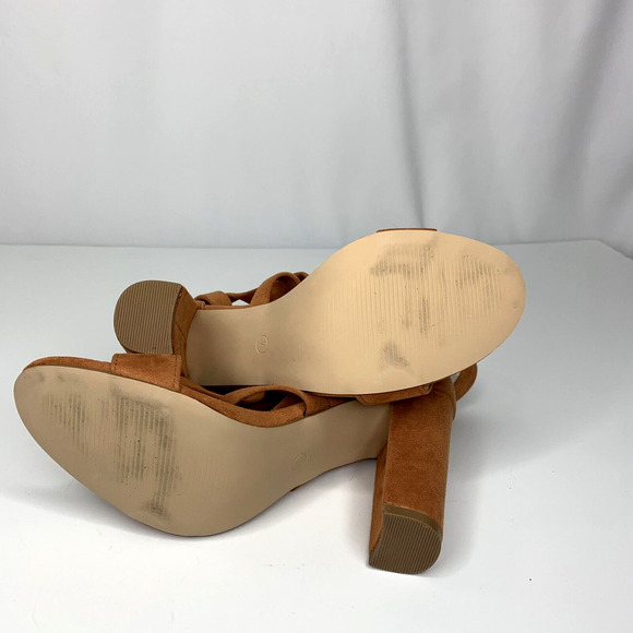 Womens High Heel Lace Up Strappy Suede Sandals Size 7 Brown Camel Block Heel - Picture 11 of 11